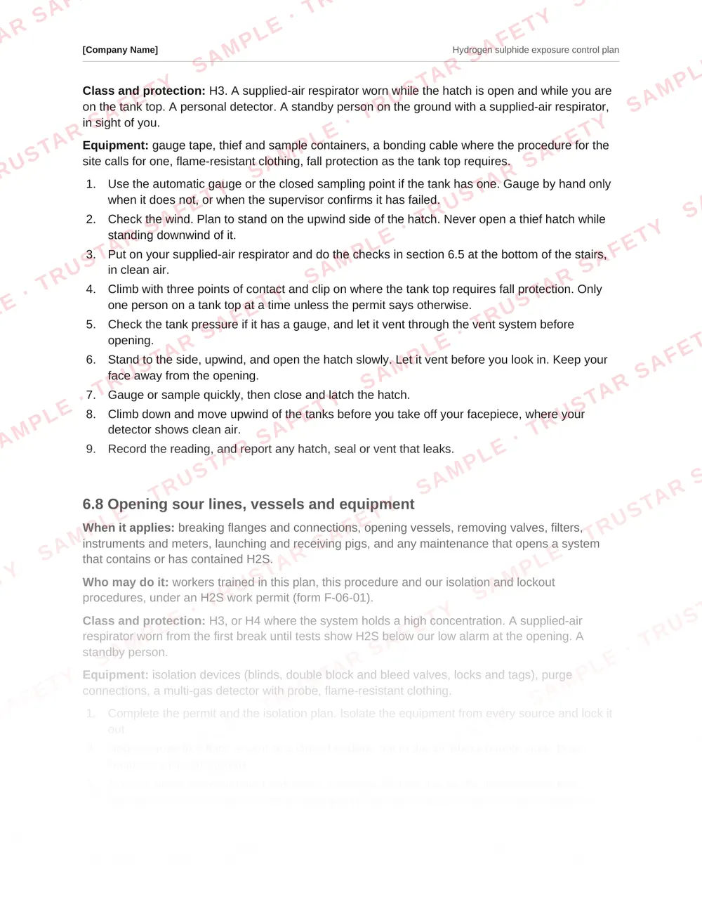 Safe work procedure for gauging, sampling and opening the thief hatch on a sour tank, from the Hydrogen sulphide exposure control plan template