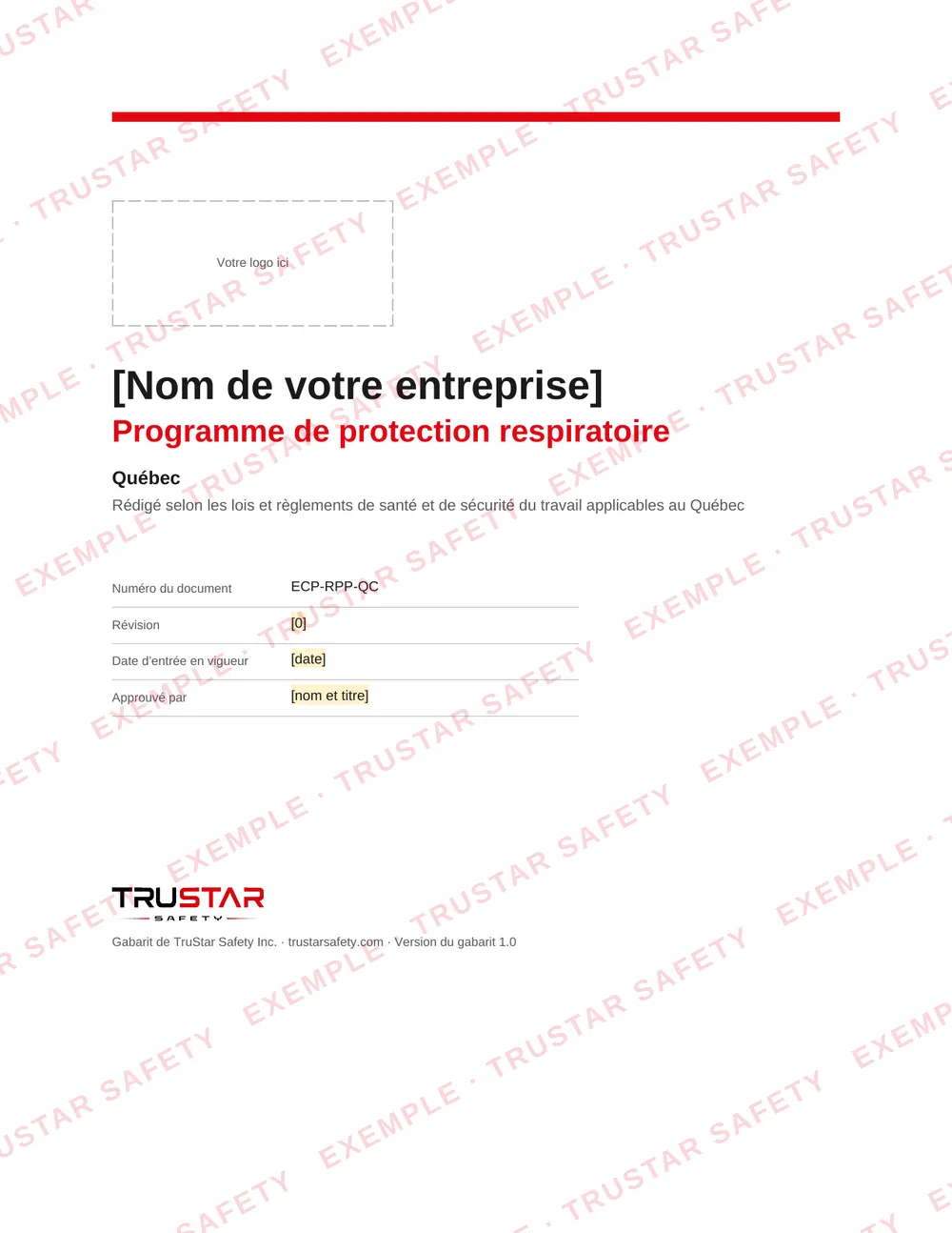 Cover of the French edition of the respiratory protection program template (Programme de protection respiratoire) for Québec, with a logo box and the company name field