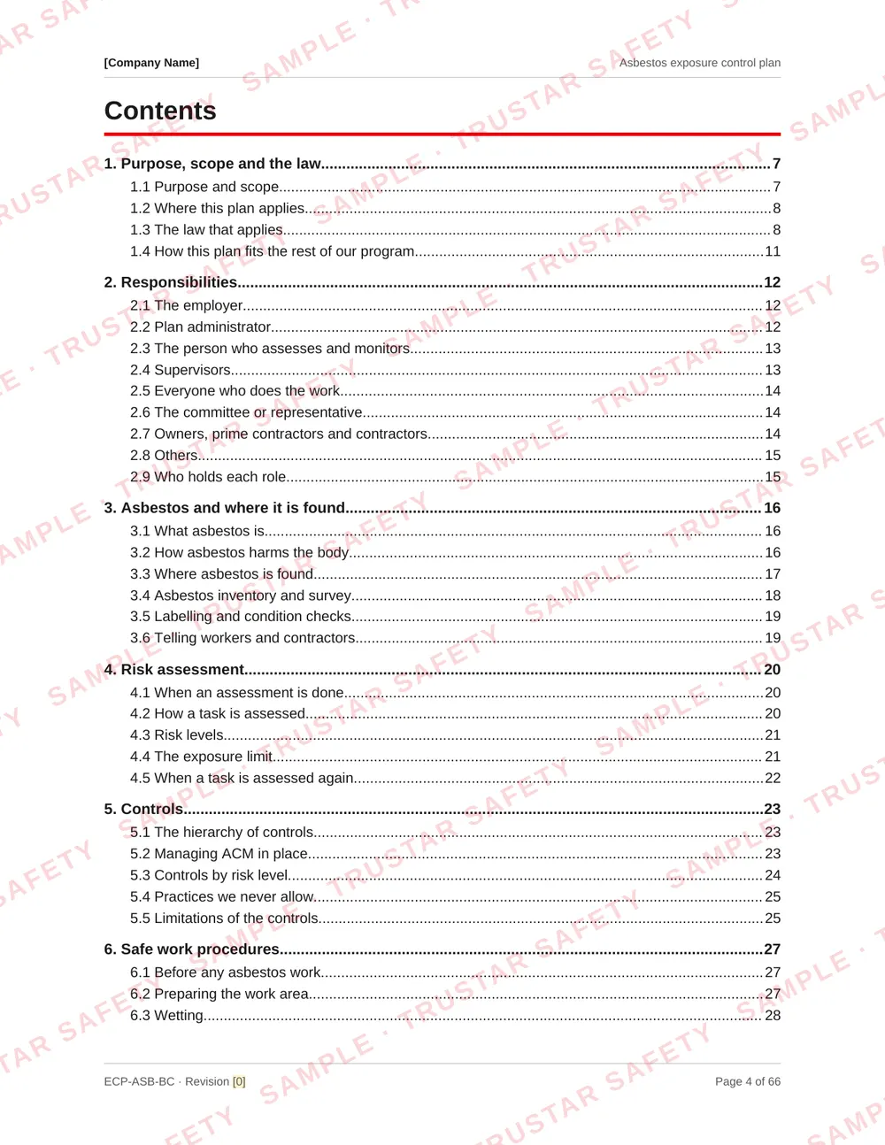 Table of contents of the Asbestos exposure control plan template