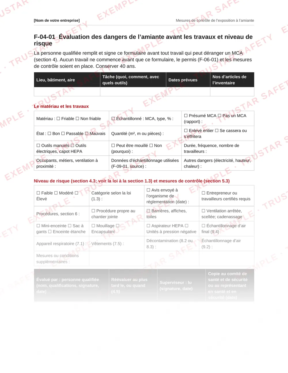 French pre-work asbestos hazard assessment form from the asbestos plan template