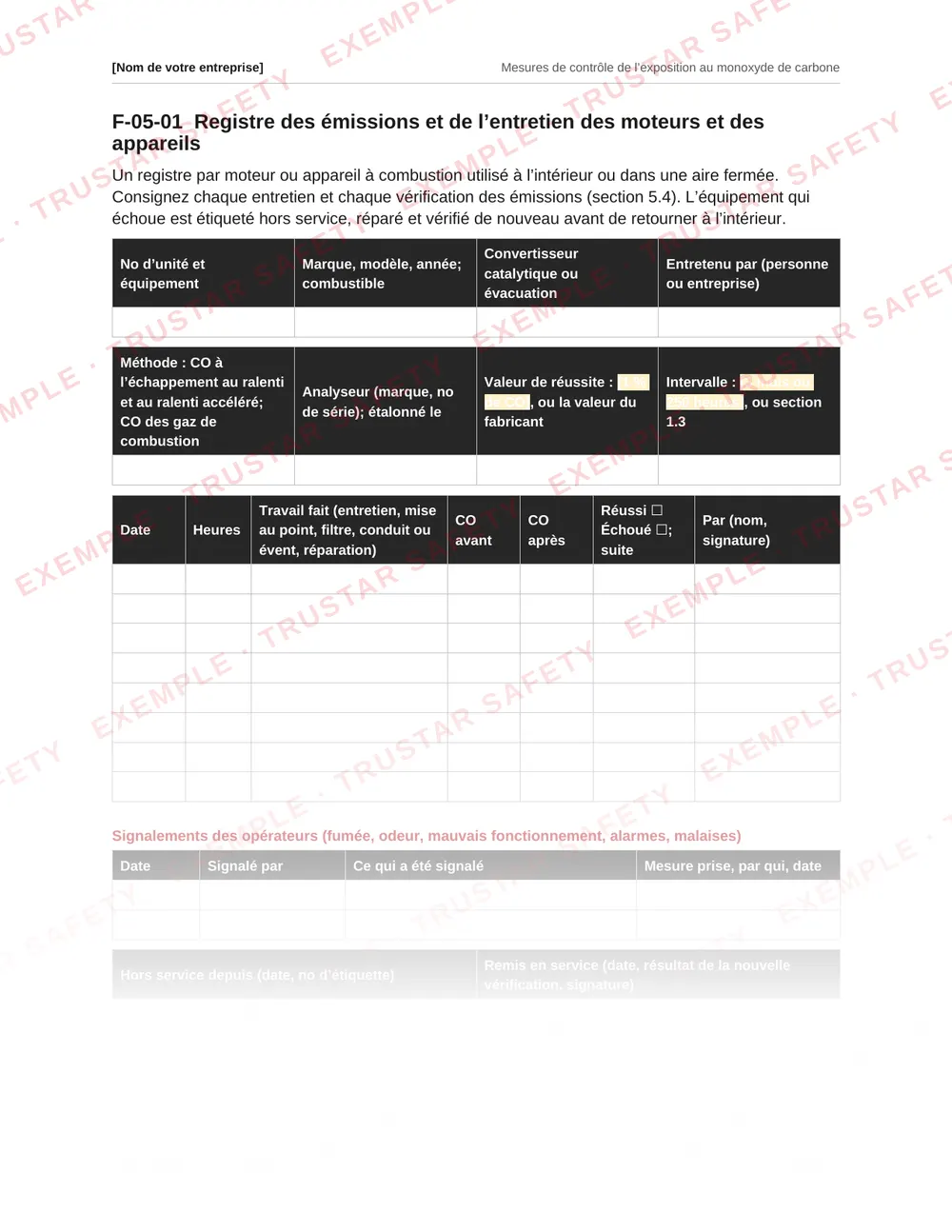French engine and appliance emission and maintenance log with columns for each service, carbon monoxide reading and action, from the carbon monoxide plan template