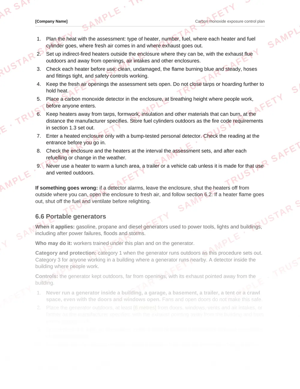 The portable generator procedure from the Carbon monoxide exposure control plan template