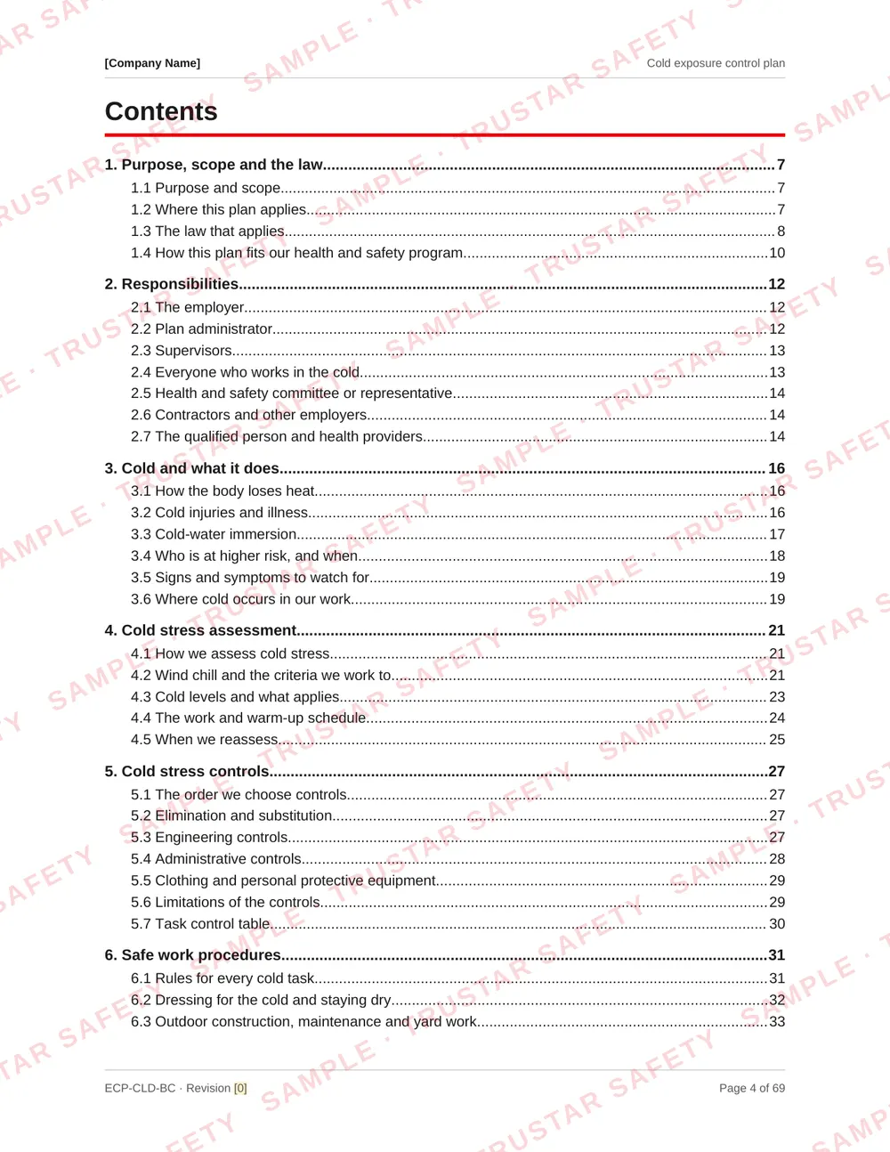 Table of contents of the Cold exposure control plan template, from purpose and the law through wind chill and cold levels, warm-up shelters, clothing and cold injury first aid