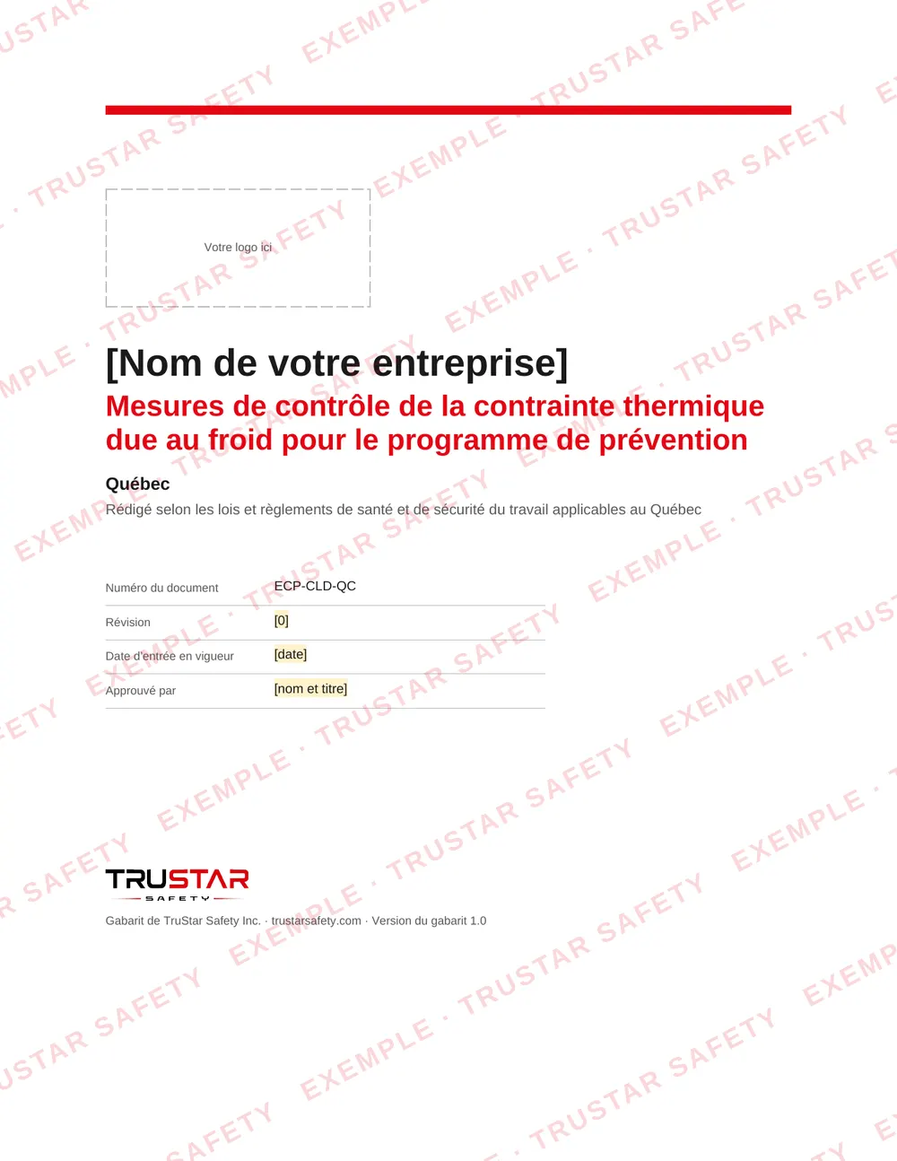 Cover of the French edition of the cold stress exposure control plan template (Mesures de contrôle de la contrainte thermique due au froid pour le programme de prévention) for Québec, with a logo box and the company name field