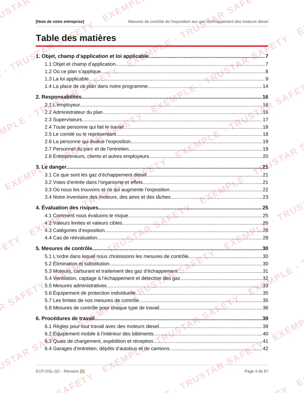 Table of contents of the French edition of the diesel exhaust exposure control plan template, from purpose and the law through engine maintenance, ventilation, gas detection and safe work procedures