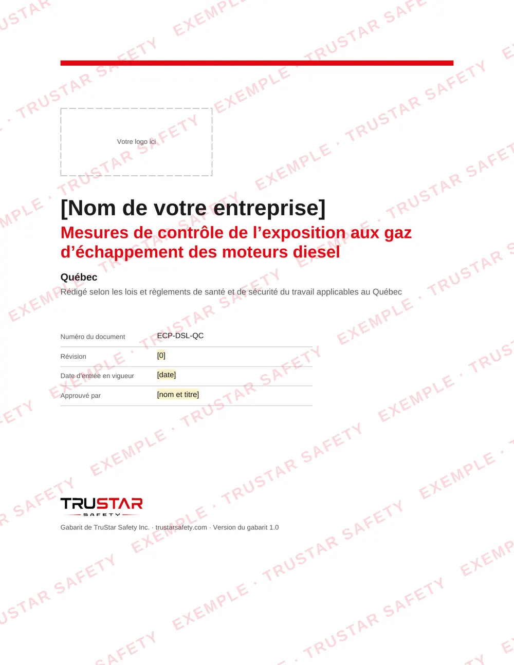 Cover of the French edition of the diesel exhaust exposure control plan template (Mesures de contrôle de l’exposition aux gaz d’échappement des moteurs diesel), with a logo box and the company name field