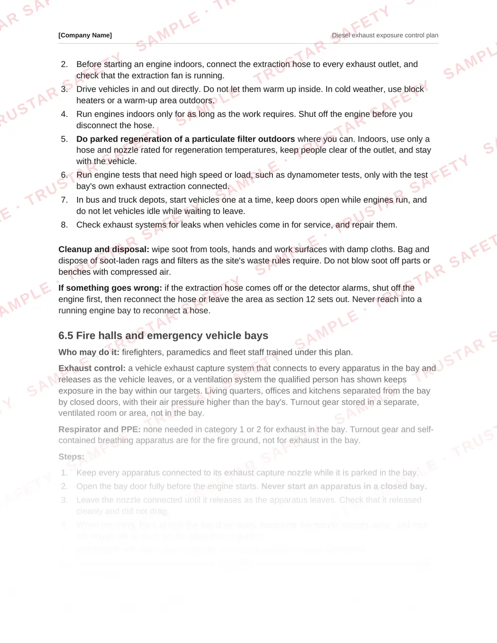 The fire hall and emergency vehicle bay procedure from the Diesel exhaust exposure control plan template