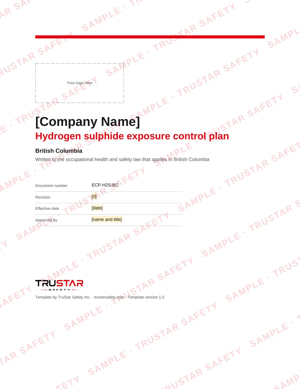 Cover of the Hydrogen sulphide exposure control plan template for use in British Columbia, with a logo box and the company name field