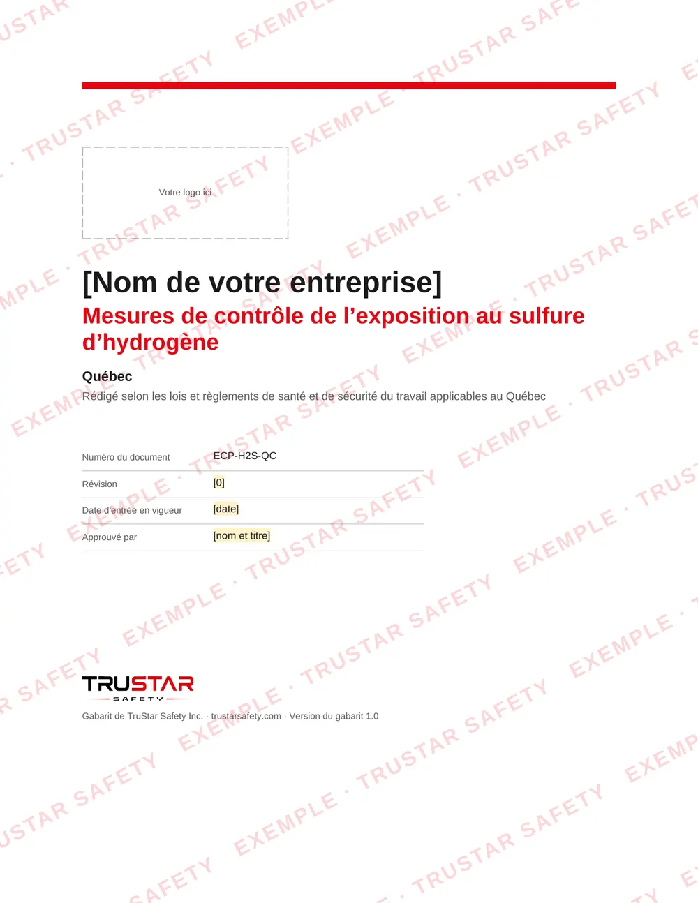 Cover of the French edition of the hydrogen sulphide exposure control plan template (Mesures de contrôle de l’exposition au sulfure d’hydrogène), with a logo box and the company name field