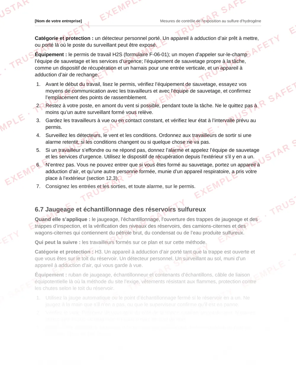 French safe work procedure for gauging, sampling and opening the thief hatch on a sour tank, from the hydrogen sulphide plan template