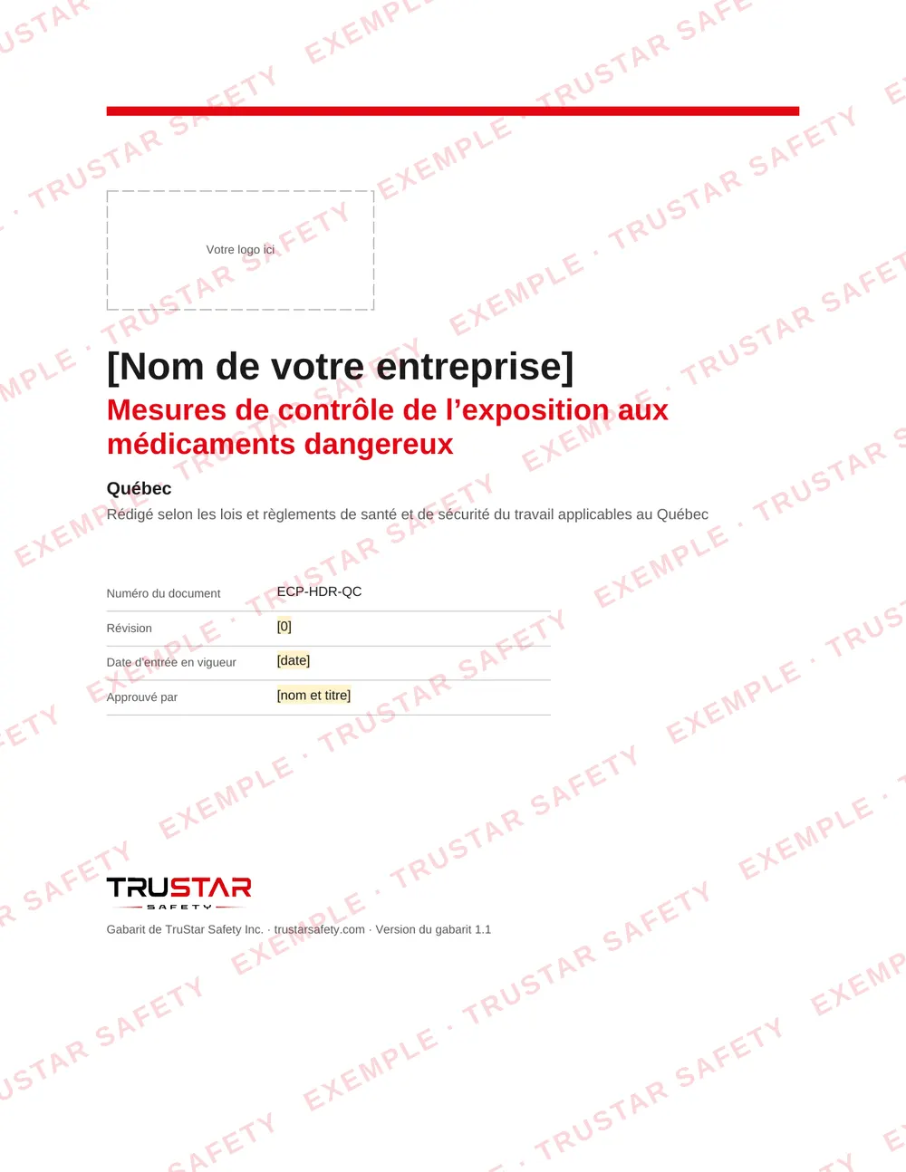 Cover of the French edition of the hazardous drugs exposure control plan template (Mesures de contrôle de l’exposition aux médicaments dangereux), with a logo box and the company name field