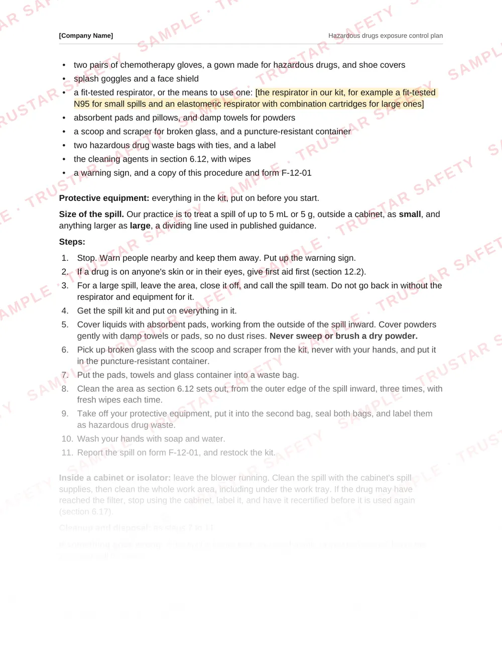 The hazardous drug spill procedure from the Hazardous drugs exposure control plan template