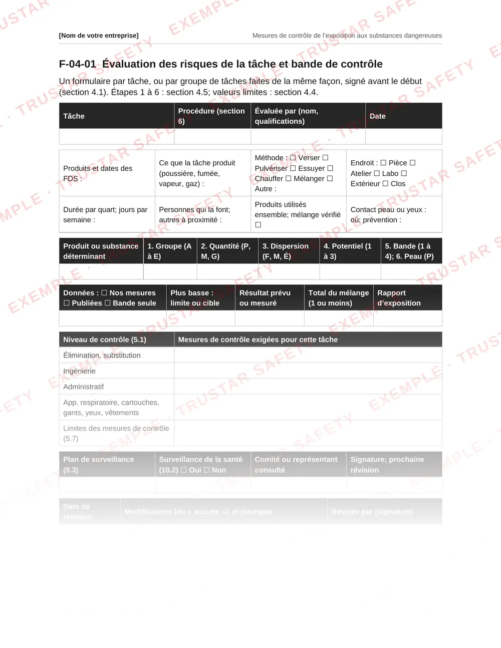 French task risk assessment and control band form from the hazardous substances exposure control plan template
