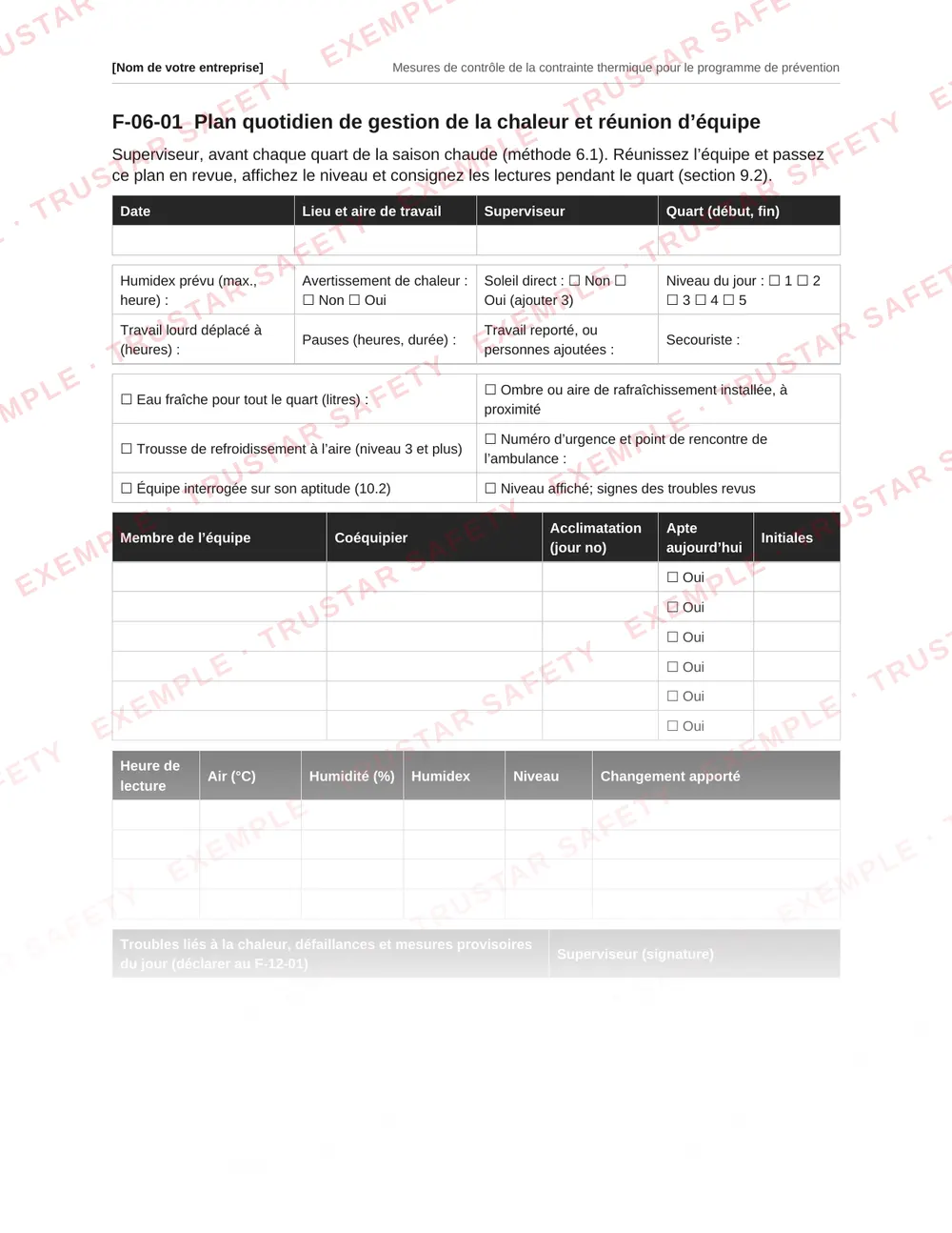 French daily heat plan form with the heat response level, water, shade, work-rest schedule and buddy pairs, from the heat stress plan template