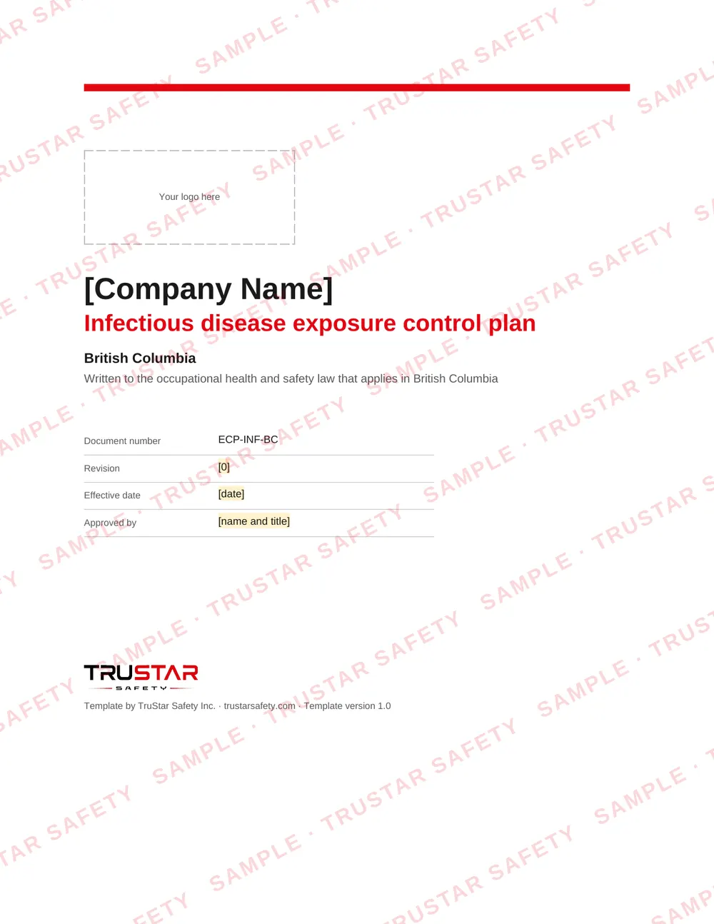 Cover of the Infectious disease exposure control plan template, in British Columbia