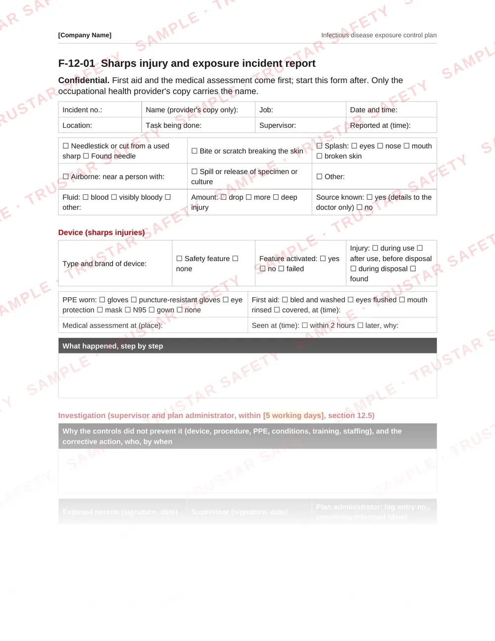 Sharps injury and exposure incident report form from the Infectious disease exposure control plan template