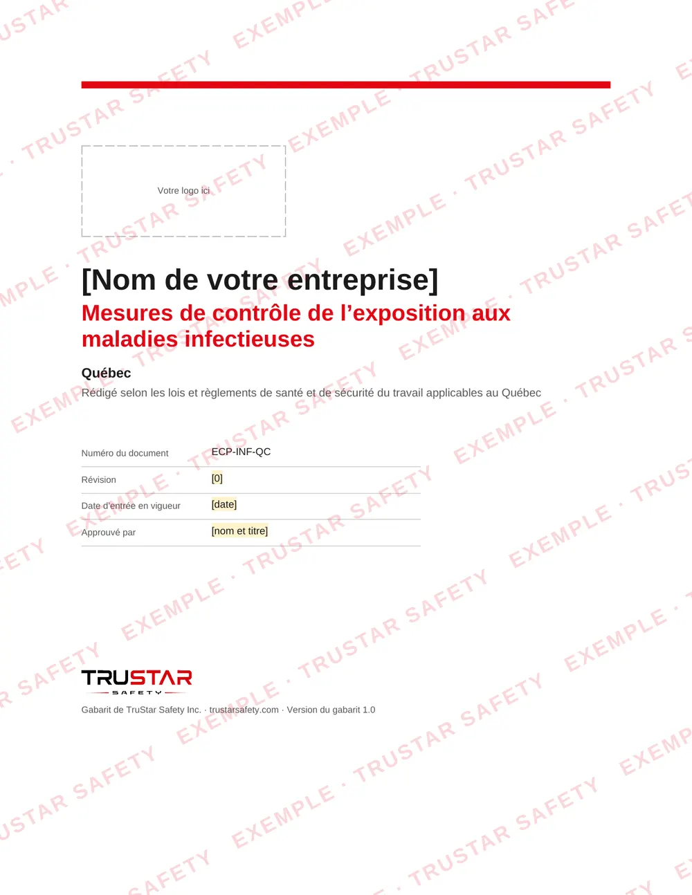 Cover of the French edition of the infectious disease exposure control plan template (Mesures de contrôle de l’exposition aux maladies infectieuses), with a logo box and the company name field