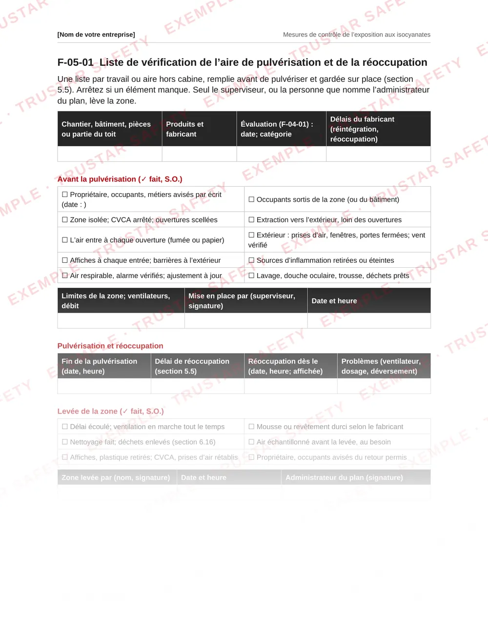 French spray area set-up and re-occupancy checklist form from the isocyanates plan template