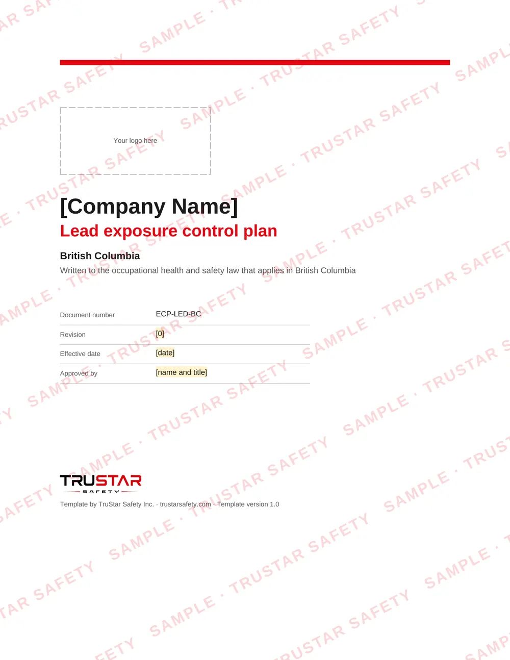 Cover of the Lead exposure control plan template for use in British Columbia, with a logo box and the company name field