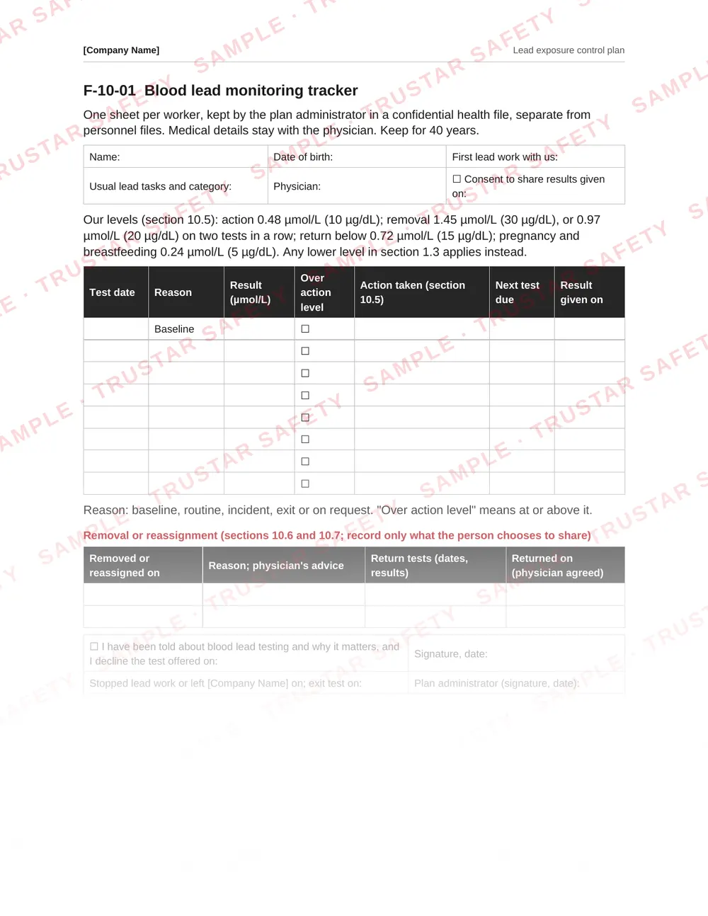 Blood lead monitoring tracker form with test dates, results, actions and medical removal, from the Lead exposure control plan template