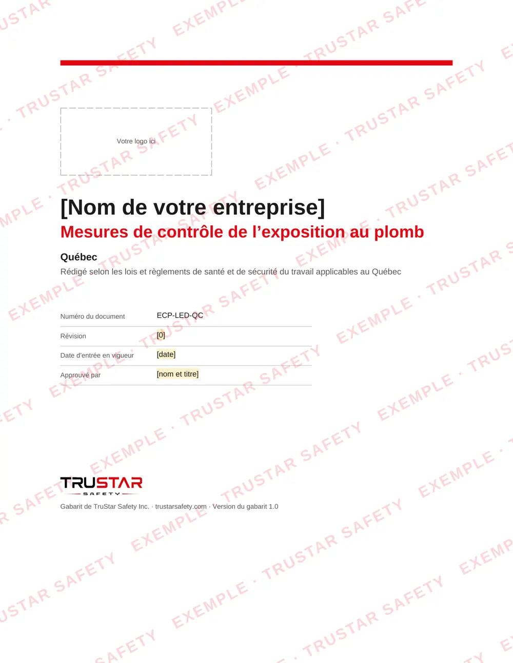 Cover of the French edition of the lead exposure control plan template (Mesures de contrôle de l’exposition au plomb), with a logo box and the company name field