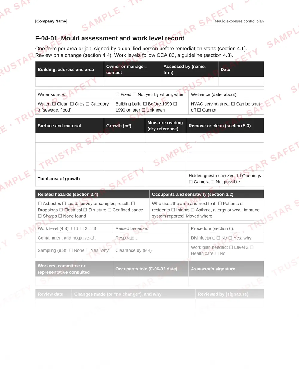 Mould assessment and work level record form with moisture source, extent, occupants, related hazards and work level, from the Mould exposure control plan template