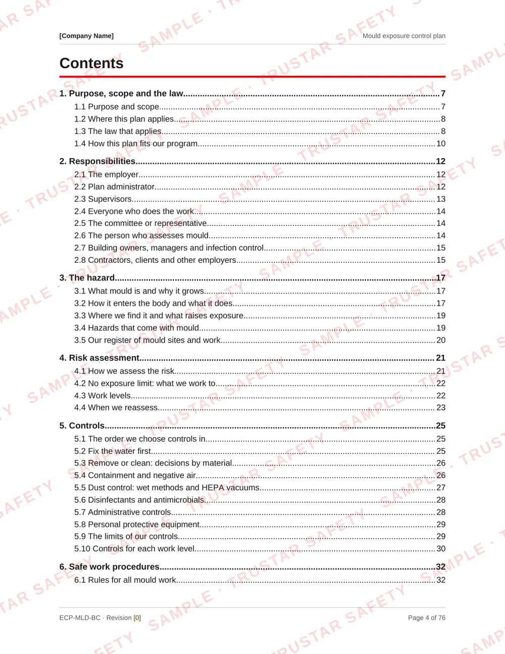 Table of contents of the Mould exposure control plan template, from purpose and the law through assessment, work levels, containment, clearance and safe work procedures