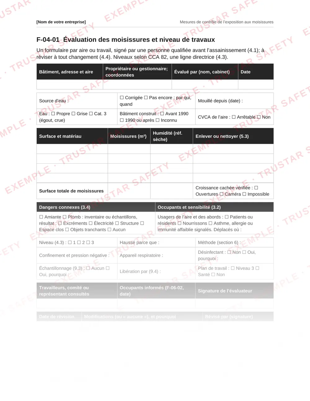 French mould assessment and work level record form from the mould plan template