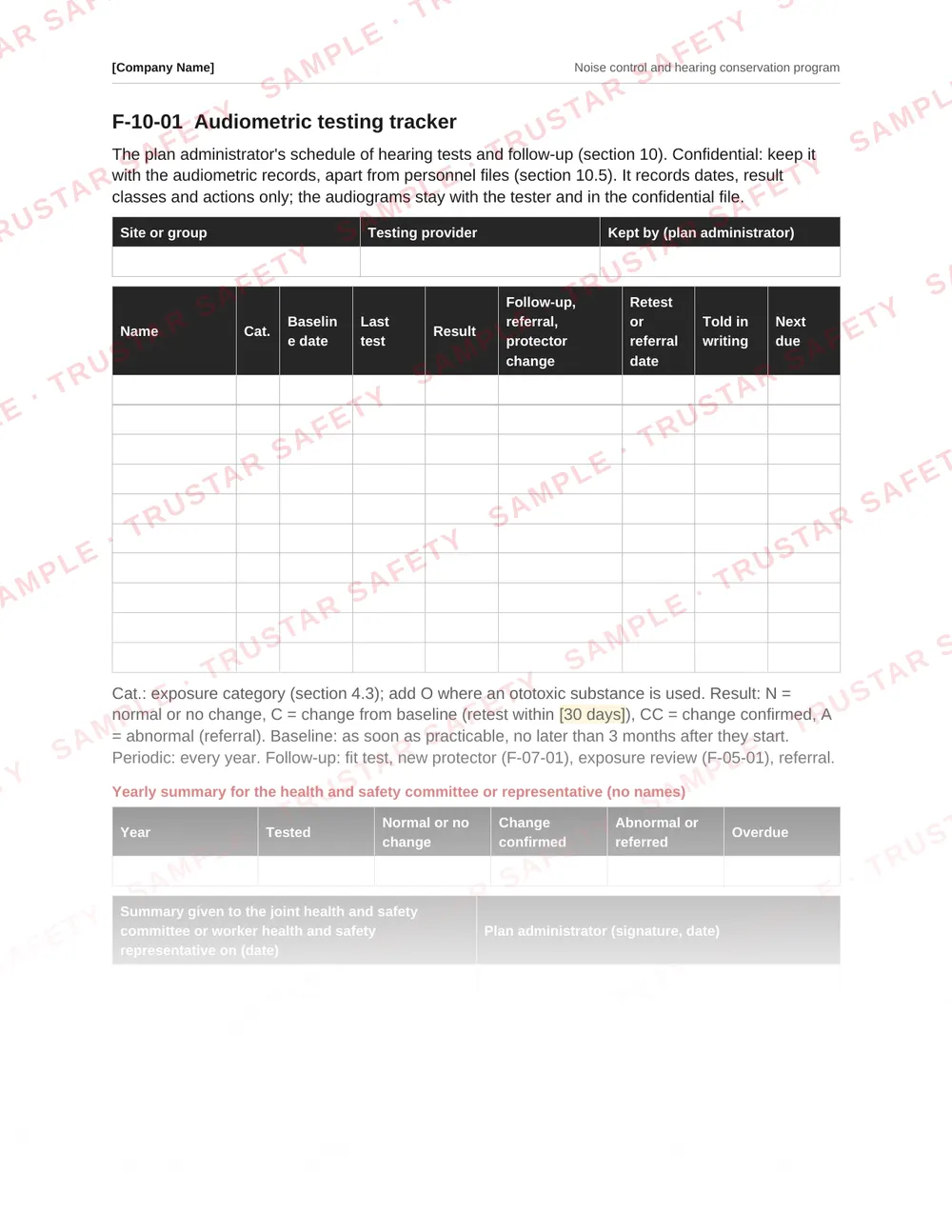 Audiometric testing tracker form with baseline, periodic and follow-up test columns, from the Noise control and hearing conservation program template