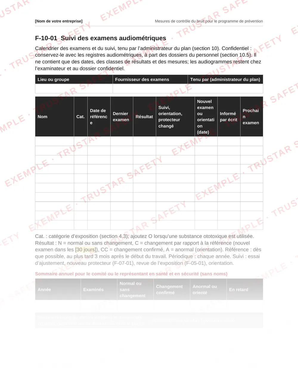 French audiometric testing tracker form from the noise plan template
