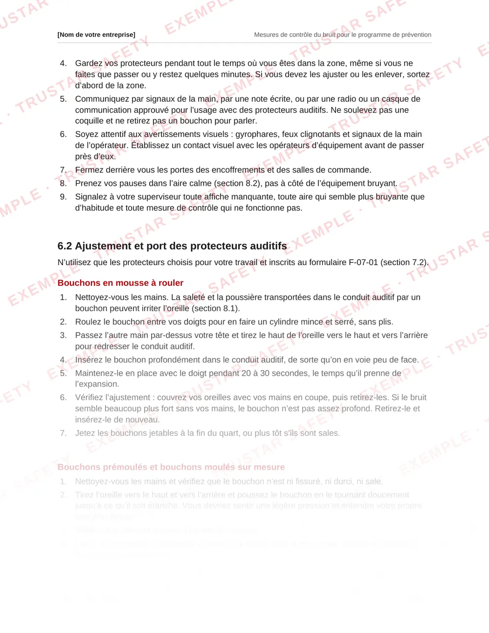 French safe work procedure for fitting foam earplugs, pre-moulded earplugs and earmuffs, from the noise plan template