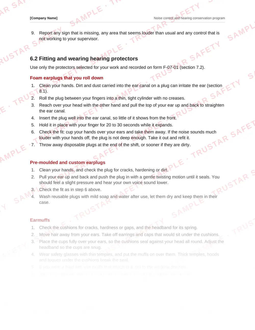 Safe work procedure for fitting foam earplugs, pre-moulded earplugs and earmuffs, from the Noise control and hearing conservation program template