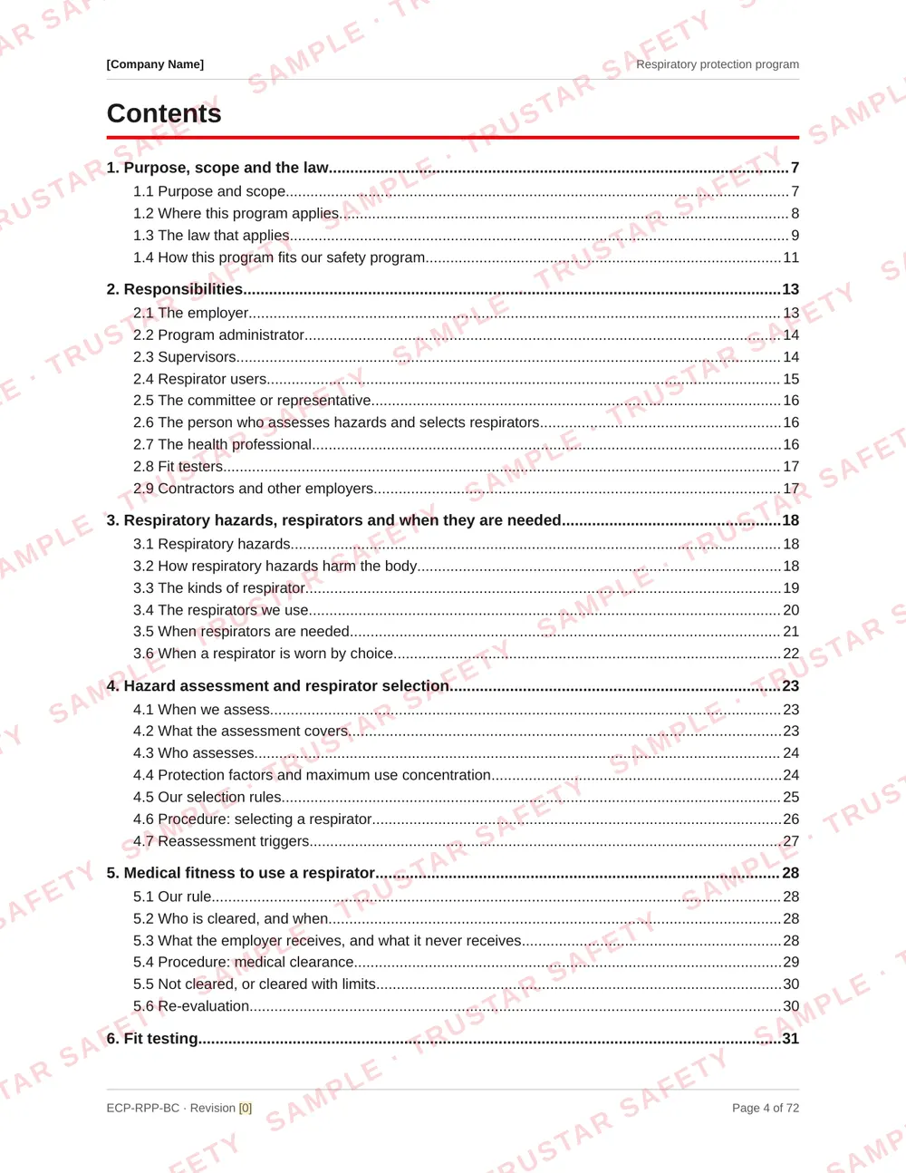 Table of contents of the Respiratory protection program template