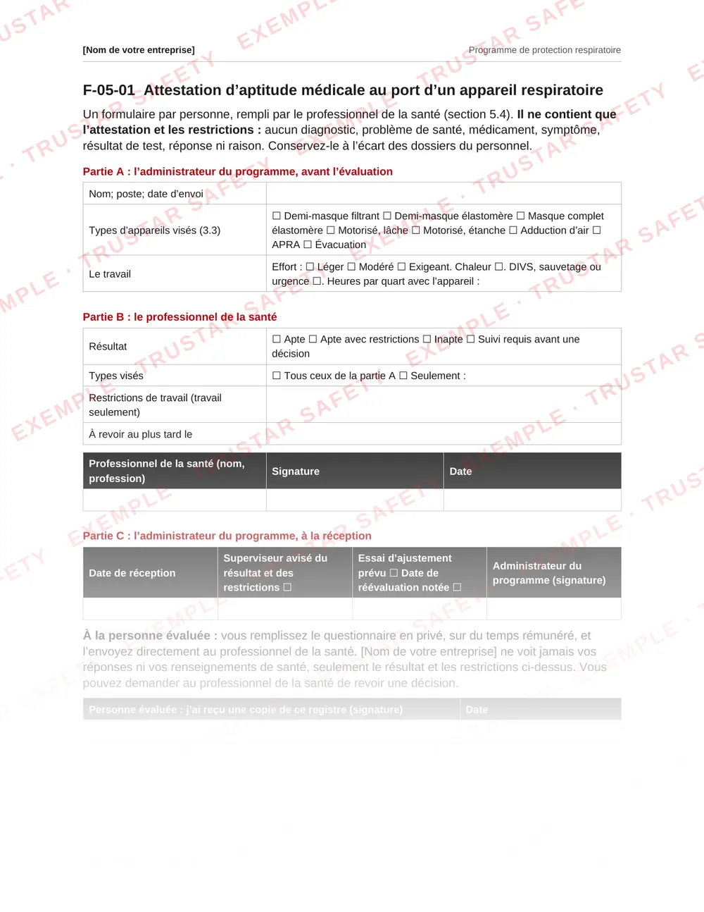 French respirator medical clearance record form from the respiratory protection program template