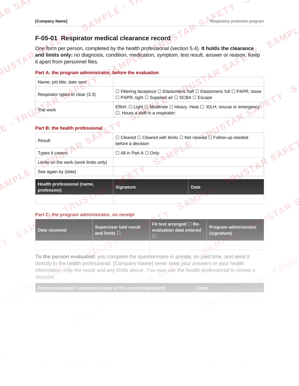 Respirator medical clearance record form from the Respiratory protection program template