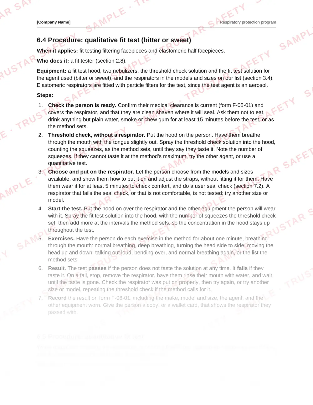 The qualitative fit test procedure from the Respiratory protection program template
