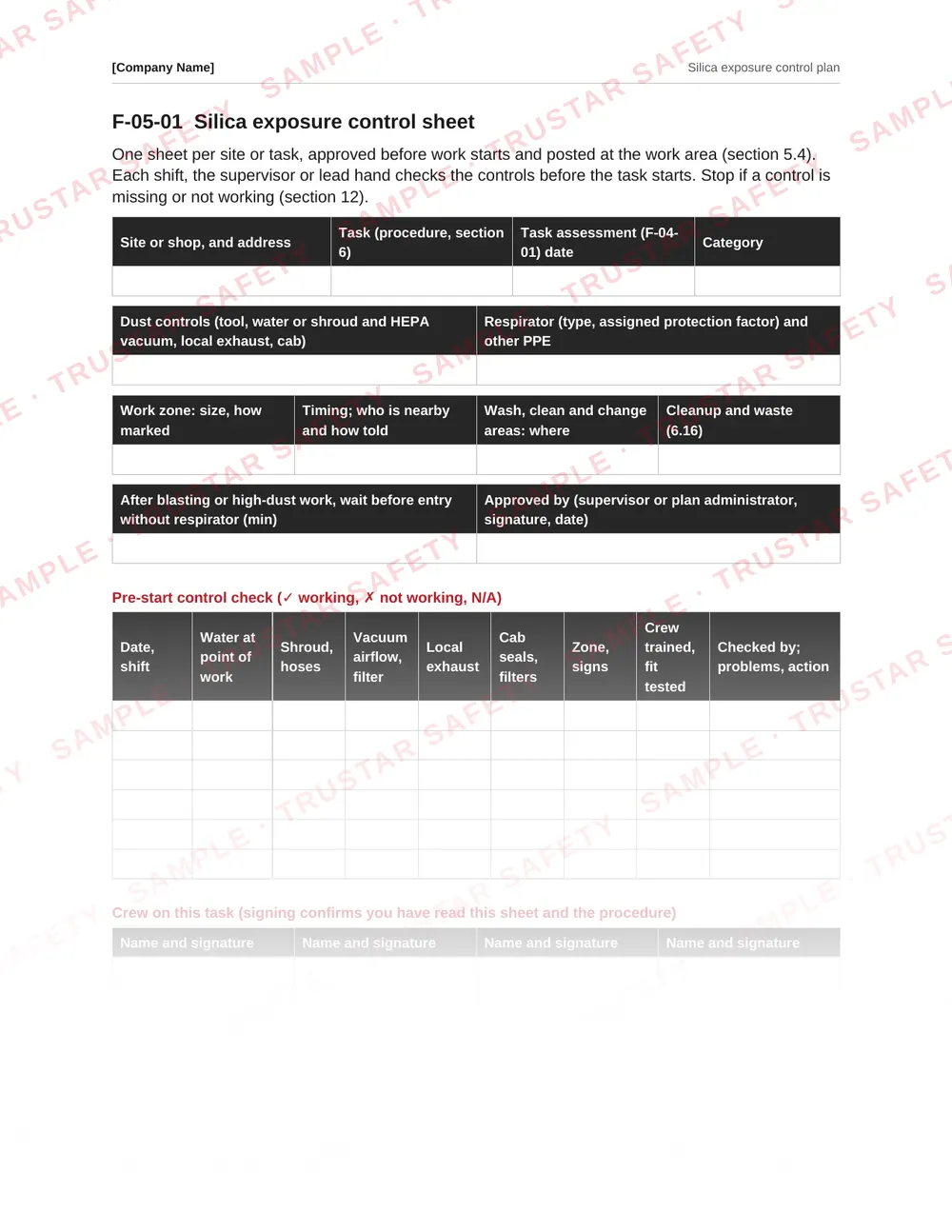 Silica exposure control sheet form from the Silica exposure control plan template