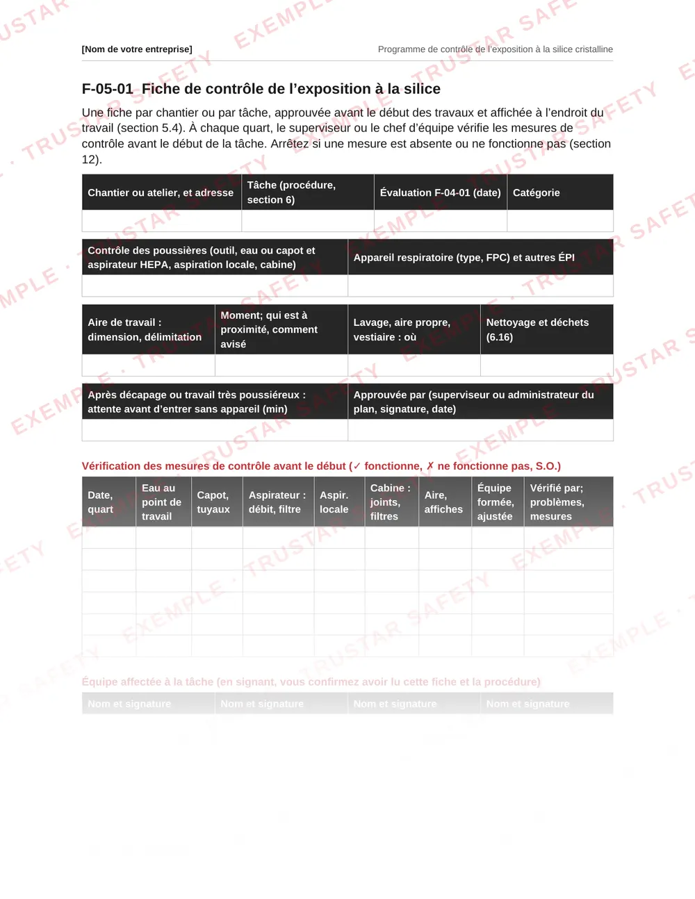 French silica exposure control sheet form from the silica plan template