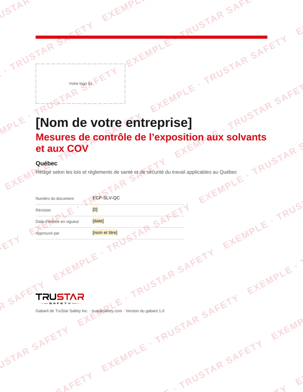 Cover of the French edition of the solvents and VOCs exposure control plan template (Mesures de contrôle de l’exposition aux solvants et aux COV), with a logo box and the company name field