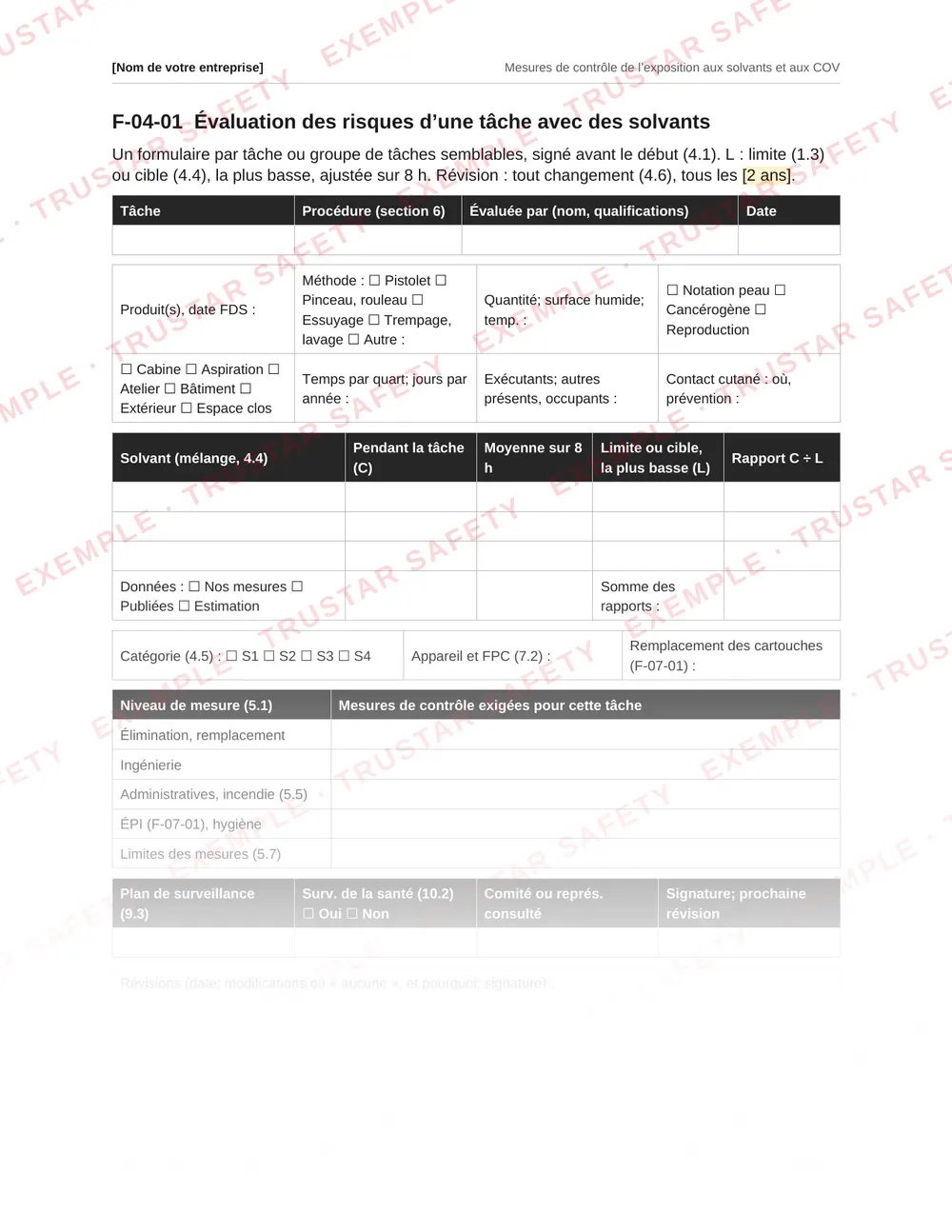 French solvent task risk assessment form from the solvents and VOCs plan template