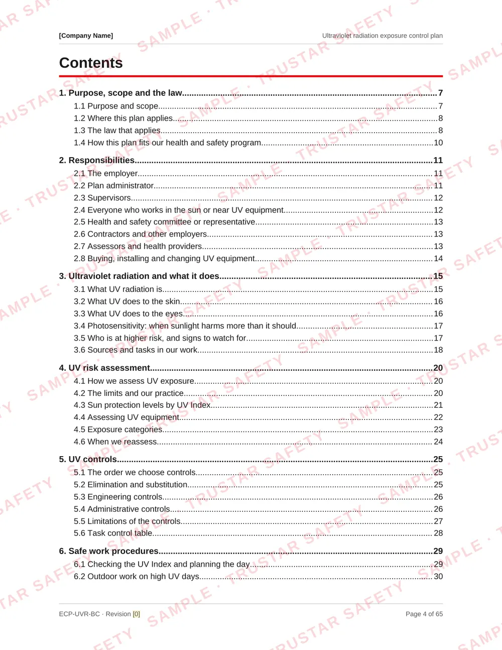 Table of contents of the Ultraviolet radiation exposure control plan template, from purpose and the law through the UV Index levels, controls, safe work procedures and health monitoring