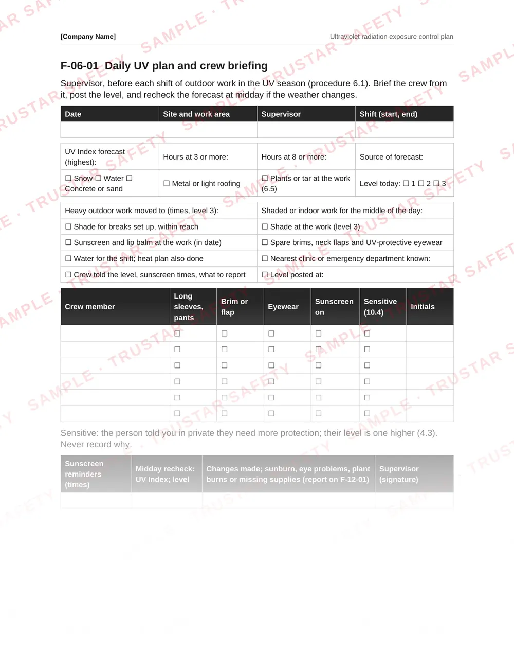 Daily UV plan and crew briefing form with the UV Index forecast, the day's sun protection level, shade, supplies and a crew check, from the Ultraviolet radiation exposure control plan template