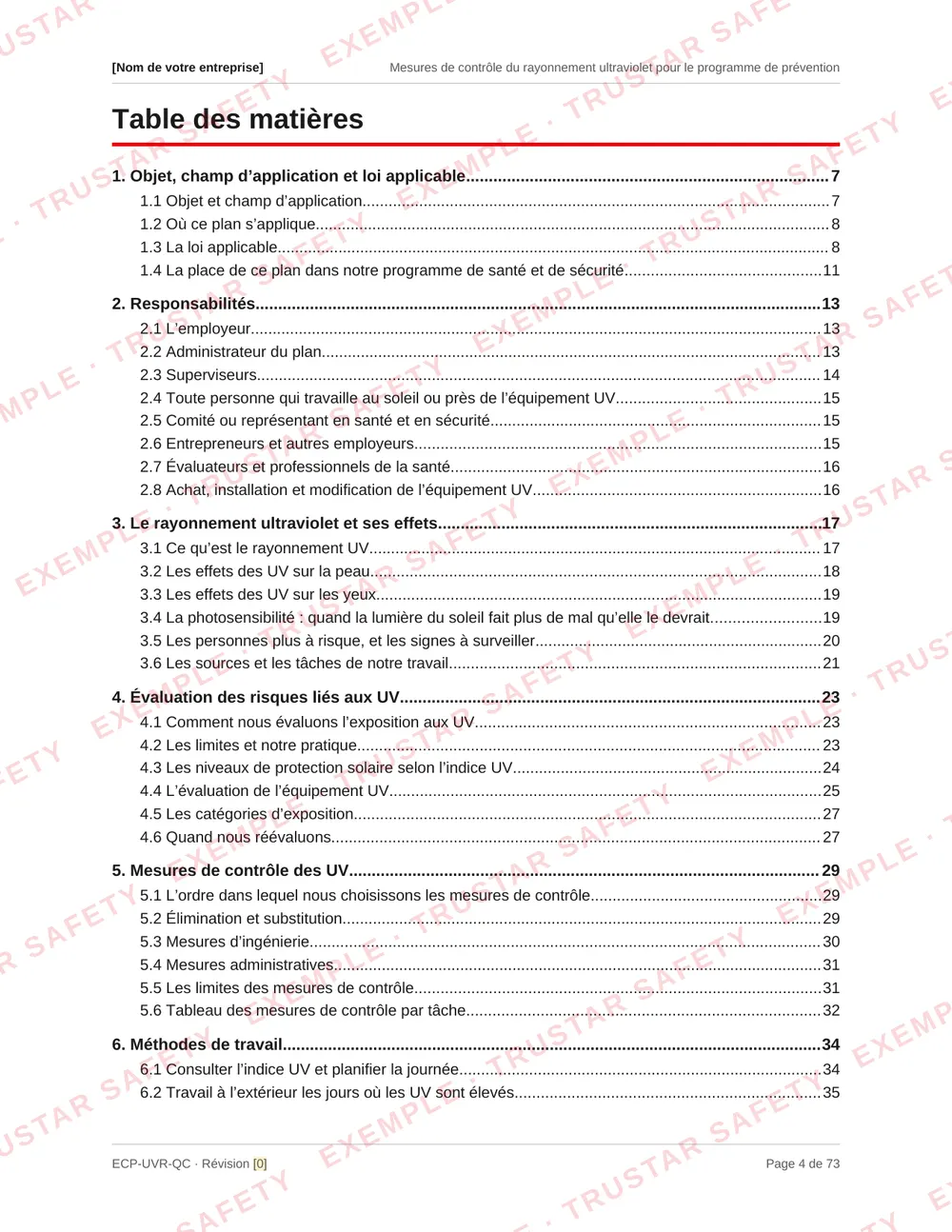 Table of contents of the French edition of the ultraviolet radiation exposure control plan template, from purpose and the law through the UV Index levels, controls, safe work procedures and health monitoring