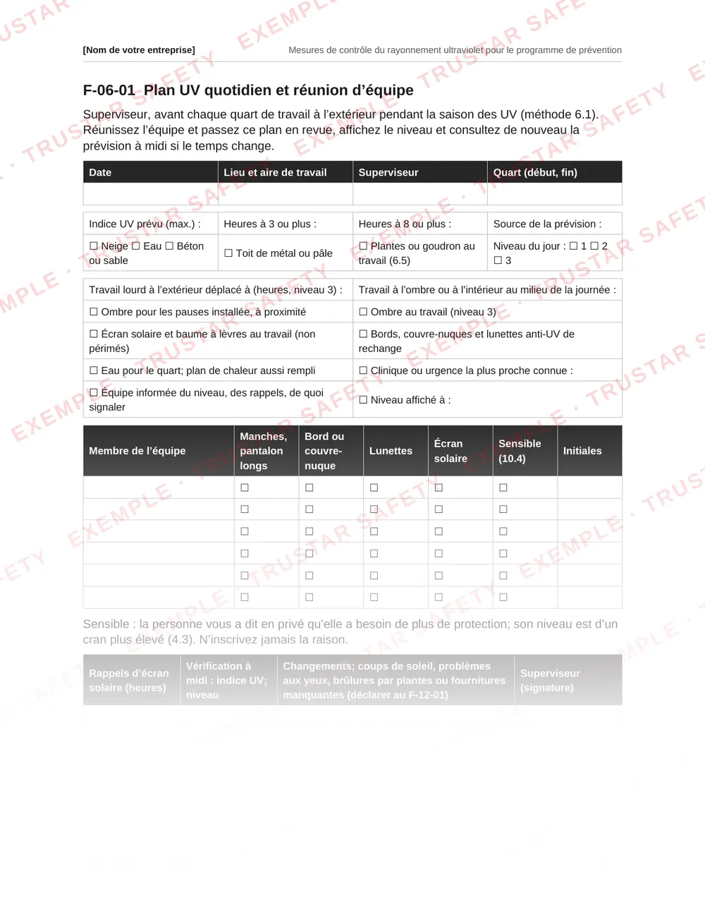 French daily UV plan and crew briefing form with the UV Index forecast, the day's sun protection level, shade, supplies and a crew check, from the ultraviolet radiation plan template