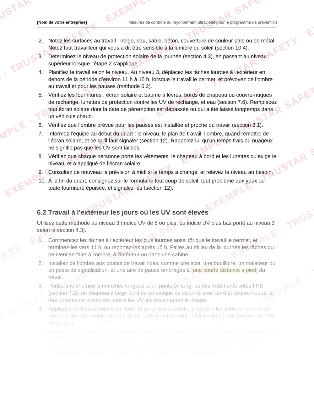 French safe work procedure for outdoor work on days when the UV Index is 8 or more, from the ultraviolet radiation plan template