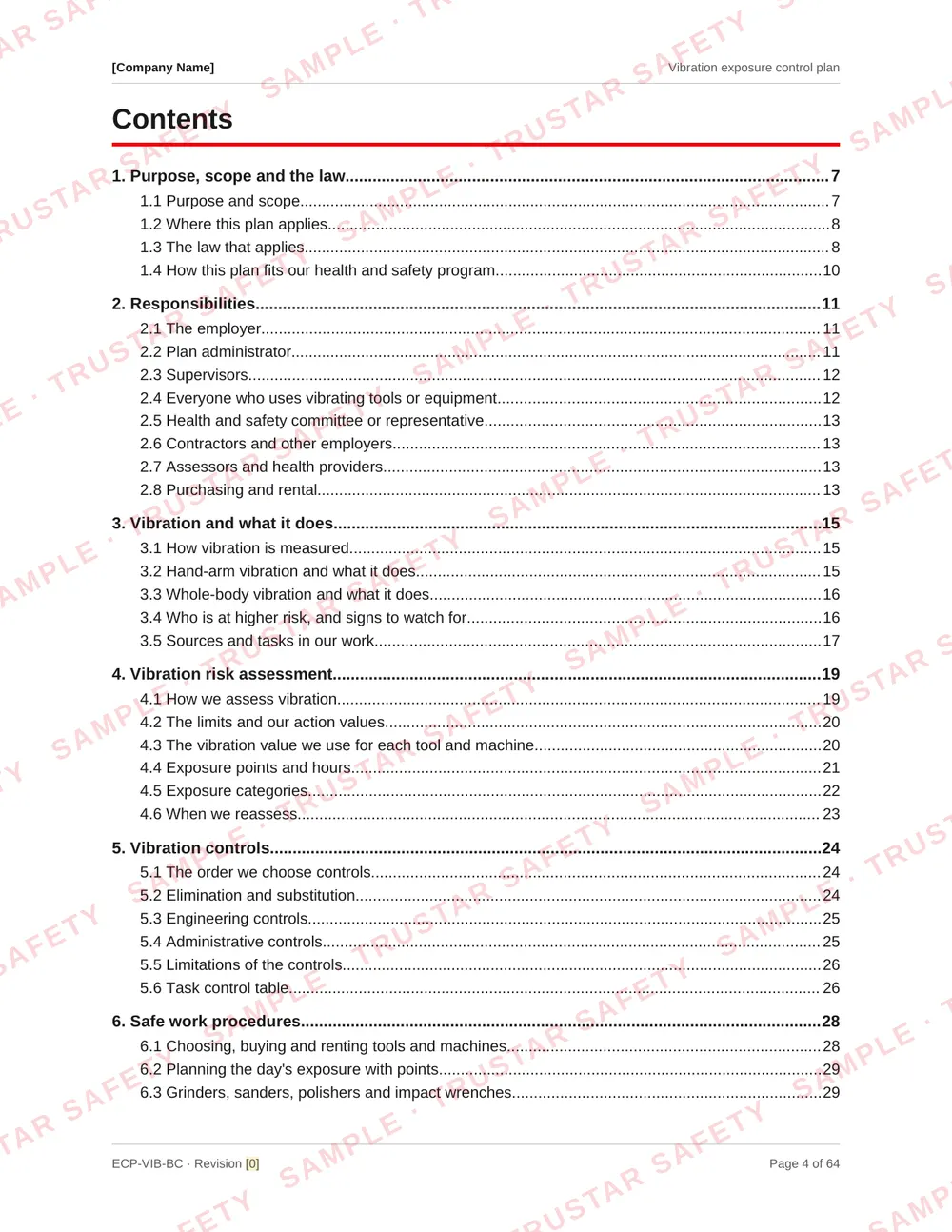 Table of contents of the Vibration exposure control plan template, from purpose and the law through exposure points, controls, safe work procedures and health monitoring