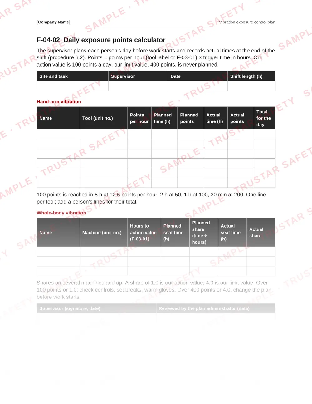 Daily exposure points calculator form adding up each tool's vibration and trigger time for the day, from the Vibration exposure control plan template