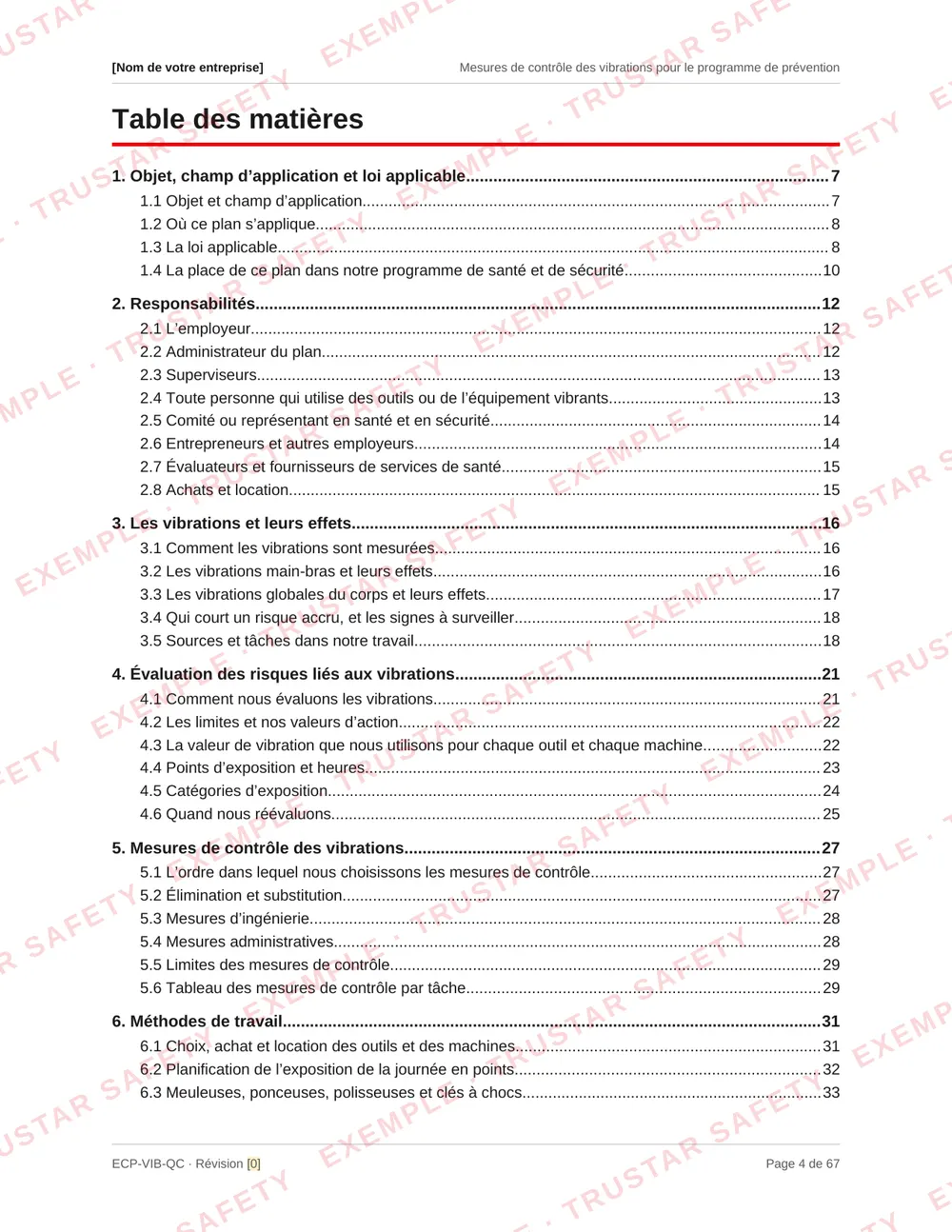 Table of contents of the French edition of the vibration exposure control plan template, from purpose and the law through exposure points, controls, safe work procedures and health monitoring