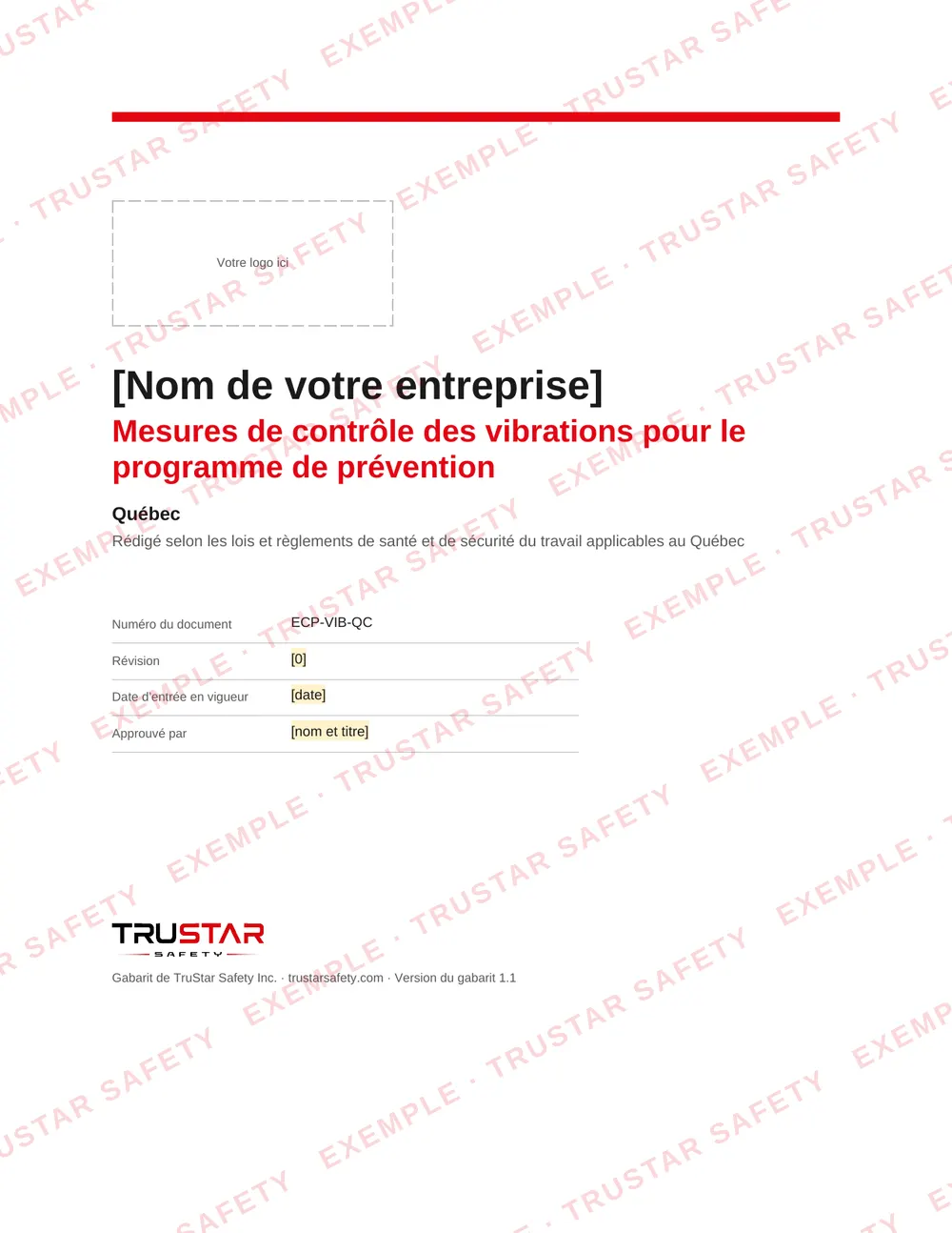 Cover of the French edition of the vibration exposure control plan template (Mesures de contrôle des vibrations pour le programme de prévention), with a logo box and the company name field
