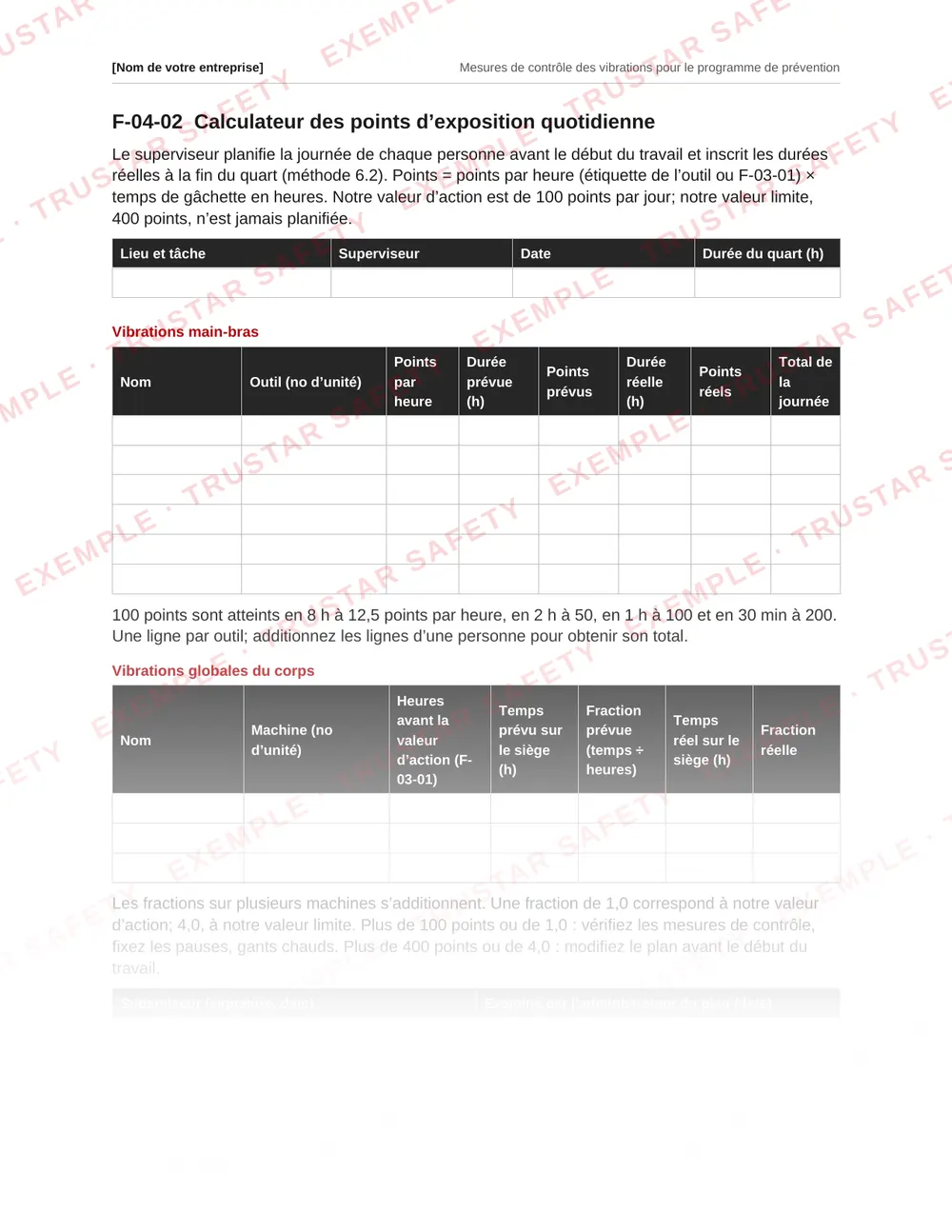 French daily exposure points calculator form adding up each tool's vibration and trigger time for the day, from the vibration plan template